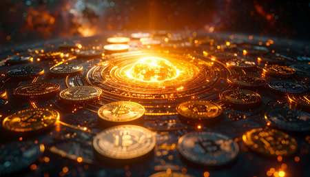 A vast, glowing digital universe unfolds, where rivers of cryptocurrency flow and blockchain networks form the very fabric of a new economy. This is a vision of the future of finance, powered by innovation, decentralization, and limitless potential.の素材