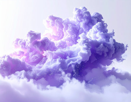 A magnificent plume of vibrant purple and lavender smoke billows against a bright, ethereal sky. This abstract formation evokes a sense of magic, mystery, and creative energy, perfect for projects needing a touch of the fantastical or divine.の素材