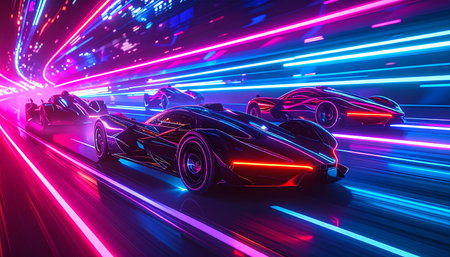 Sleek, futuristic supercars blur into streaks of vibrant neon as they compete in a high-speed race through a digital city tunnel. This image captures the raw energy, adrenaline, and cutting-edge innovation of the future of motorsports and virtual competition.の素材