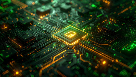 In the heart of a complex digital network, a central processor glows with immense power. Etched onto its core is a luminous padlock, a symbol of impenetrable hardware-level security. This is the digital fortress, the last line of defense protecting critical data and ensuring privacy in an era of constant cyber threats.の素材