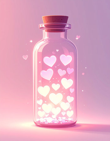 A clear glass bottle, sealed with a simple cork, holds a magical collection of luminous hearts. Glowing from within, they float and sparkle, representing captured moments of love, affection, and sweet memories. This enchanting scene evokes a sense of whimsical romance and preserved tenderness, perfect for expressing heartfelt emotions.の素材