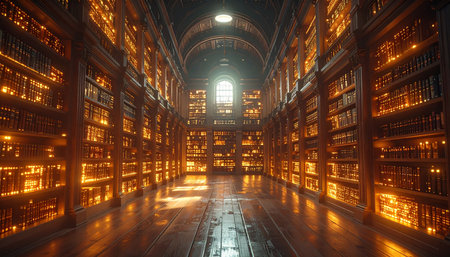 Step into a vast, ancient archive where countless books glow with forgotten knowledge. A long, reflective corridor leads towards a mysterious light, inviting exploration and the discovery of secrets hidden within the endless shelves. This is a place of wisdom, magic, and infinite stories waiting to be read.の素材