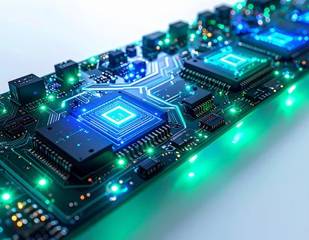 Luminous blue and green light pulses through the intricate pathways of a futuristic motherboard, symbolizing the immense power of data processing, artificial intelligence, and the dawn of a new technological era.の素材