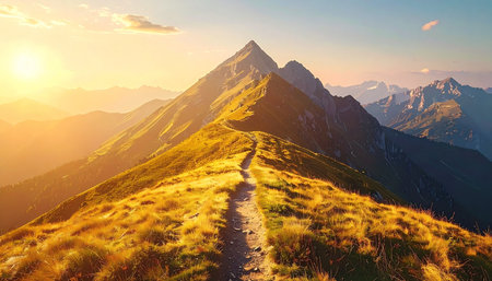 A narrow trail carves a path along a sun-drenched mountain ridge, leading the eye towards a distant peak. The golden light of sunset bathes the landscape in a warm, inspiring glow, evoking a sense of journey, achievement, and the peaceful solitude of reaching ones goals.の素材