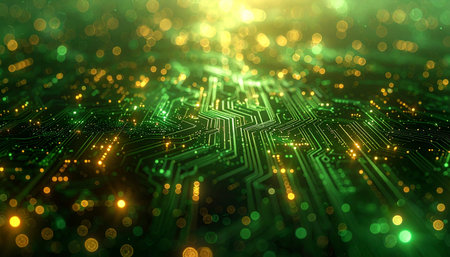 A mesmerizing journey into the heart of a digital world. Glowing green and gold pathways pulse with energy, representing the constant flow of data and information through a complex, futuristic processor. This abstract tech landscape evokes concepts of artificial intelligence, innovation, and the interconnectedness of modern technology.の素材