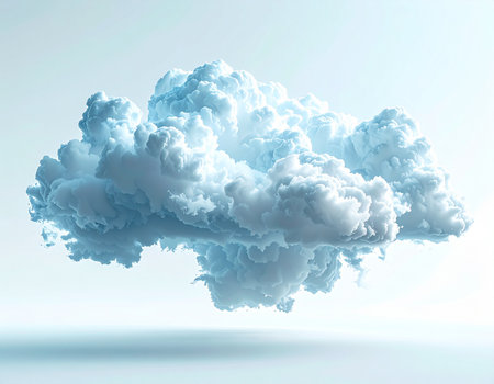 A single, perfectly formed cloud floats in a serene, light blue space, its soft, billowy form casting a gentle reflection below. This minimalist and ethereal 3D rendering evokes a sense of peace, creativity, and the abstract nature of ideas or digital data in the cloud.の素材