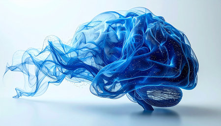 A visual representation of the mind in motion, where thoughts and ideas flow like ethereal blue fabric. This abstract concept captures the essence of fluid intelligence, creativity, and the dynamic nature of consciousness.の素材