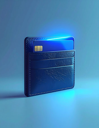 A sleek black wallet holds a credit card that emits a futuristic blue glow, symbolizing the cutting edge of financial technology. The image represents digital payments, secure transactions, and the future of commerce on a clean, modern background.の素材