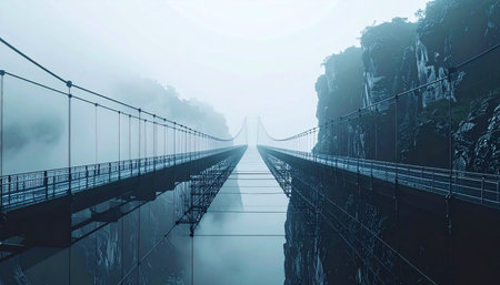 A long suspension bridge stretches forward, its path disappearing into a thick, atmospheric fog. The wet surface reflects the steel cables and moody sky, creating a sense of mystery and a journey into the unknown.の素材