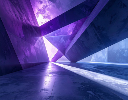 Light slices through the cavernous, geometric hall of a futuristic structure. The raw concrete walls are bathed in an ethereal purple and blue glow, reflecting off the polished floor and leading towards a mysterious, brilliant portal. This is a scene of discovery, advanced technology, and the vastness of the unknown.の素材