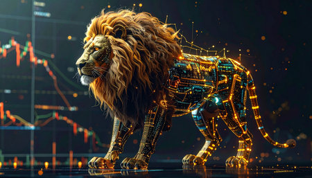 A powerful, majestic lion constructed from glowing circuits and advanced technology stands proudly against a backdrop of fluctuating financial data charts. This image symbolizes the fusion of artificial intelligence and high-finance, representing strength, leadership, and dominance in the modern digital economy, FinTech innovation, and the future of investment.の素材