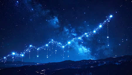 A luminous digital graph ascends into the cosmos, its data points shining like a newly formed constellation against a backdrop of a starry nebula. This visual metaphor represents futuristic growth, technological innovation, and the interconnectedness of a global network.の素材