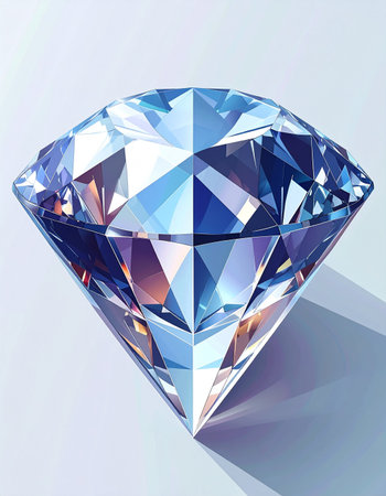 A perfectly cut diamond rests on a clean surface, its many facets catching and refracting light into a brilliant display of blue and white. This gemstone represents the pinnacle of luxury, clarity, and enduring value, a symbol of perfection and timeless elegance.の素材
