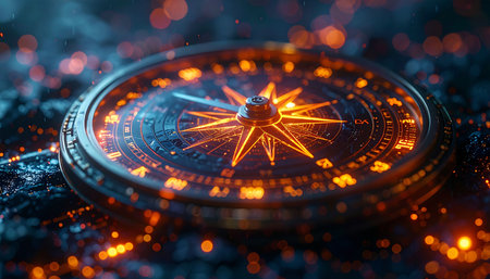 An illuminated compass glows with vibrant orange and blue light, surrounded by digital sparks. This conceptual image represents navigating the future, finding direction in technology, and charting a course through complex data and networks towards innovation and success.の素材