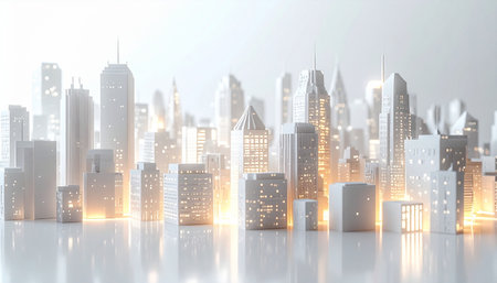 A vision of the city of tomorrow, where gleaming towers rise into a bright, clean sky. The warm glow from within each building suggests a hub of innovation, progress, and boundless opportunity, reflecting a future built on technology and ambition.の素材