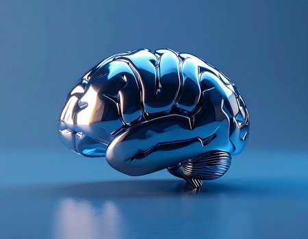 A gleaming blue metallic brain rests on a reflective surface, a powerful visual metaphor for artificial intelligence, neural networks, and the future of technology. This 3D render symbolizes concepts of advanced computing, data processing, innovation, and digital consciousness.の素材