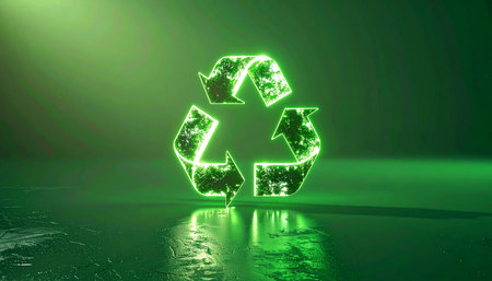 A luminous green recycling symbol, crafted from digital energy, glows brightly in a futuristic setting. Its reflection on a wet surface symbolizes a new era in sustainable technology and environmental responsibility, highlighting innovation in clean energy solutions.の素材