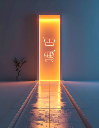 Step into the future of commerce through a glowing digital portal. This minimalist scene, with its neon shopping cart icons, represents the seamless transition to online retail, e-commerce innovation, and the endless possibilities of the virtual marketplace.の素材