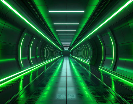 Step into the future through this immersive, high-tech corridor illuminated by vibrant green neon lights. The long perspective and reflective surfaces create a sense of infinite speed and digital travel, perfect for concepts of innovation, cyberspace, and technological advancement.の素材