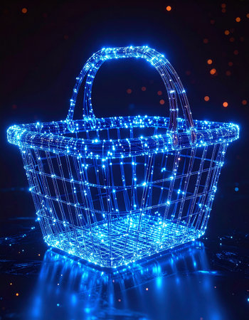A shopping basket, reimagined as a glowing wireframe of blue light, symbolizes the future of digital commerce. This luminous icon represents the seamless integration of technology, online retail, and the virtual marketplace, glowing against a dark, data-driven background.の素材
