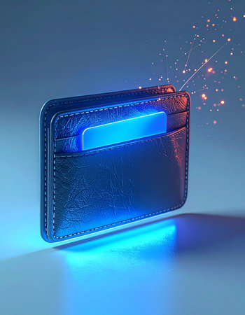 A sleek leather wallet holds a glowing blue card, emitting sparks of digital energy. This visual represents the future of finance, symbolizing the speed, security, and innovation of fintech, digital currency, and contactless payment technology in a modern world.の素材