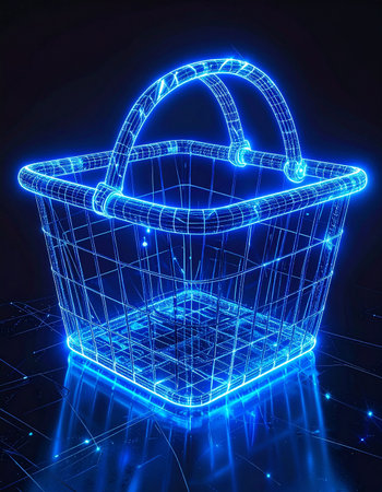 A glowing blue wireframe shopping basket materializes in a digital space, symbolizing the future of e-commerce and online retail. This holographic icon represents the seamless integration of technology, data, and consumerism in the virtual marketplace of tomorrow.の素材