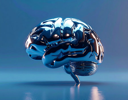 A highly polished, metallic blue brain rests on a reflective surface, its chrome-like finish capturing and distorting the surrounding light. This powerful visual metaphor represents the convergence of human intelligence with artificial intelligence, symbolizing concepts like advanced neuroscience, digital consciousness, and the future of technology.の素材