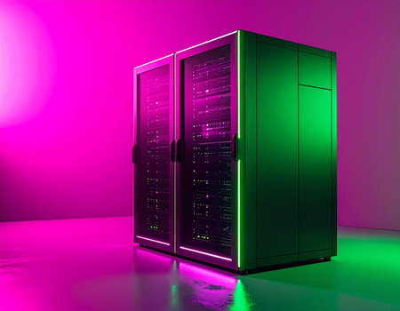 In a state-of-the-art facility, a powerful server rack hums with activity, bathed in the futuristic glow of green and magenta light. This is the core of digital transformation, where data is processed, stored, and secured, powering the innovations of tomorrow.の素材