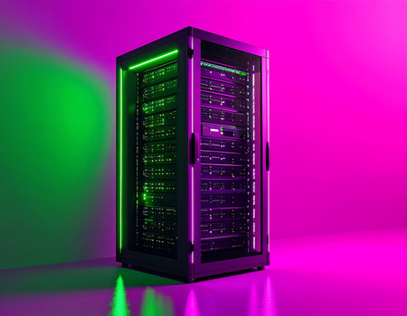 A powerful server rack hums with activity inside a data center, illuminated by vibrant green and magenta neon lights. This image represents the core of next-generation digital infrastructure, symbolizing concepts like cloud computing, big data processing, and the future of information technology.の素材