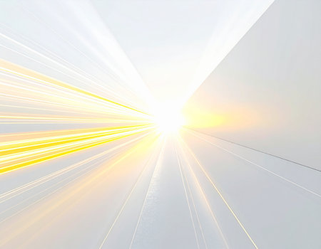 A rush of bright yellow light streaks through a clean, abstract space, creating a powerful sense of forward momentum. This dynamic visual represents the rapid flow of data, technological innovation, and the journey towards a bright, futuristic horizon.の素材