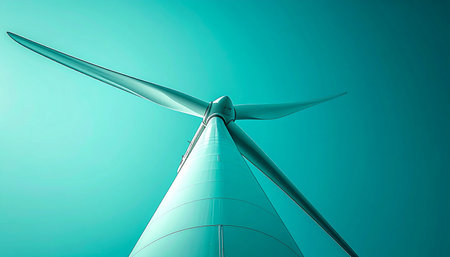 From a low-angle perspective, a massive wind turbine blade sweeps across a vibrant teal sky, symbolizing the power and elegance of modern renewable energy. This minimalist and futuristic view captures the essence of sustainable technology and a cleaner future.の素材