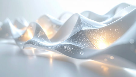 A luminous wave of energy flows through a translucent, crystalline structure, suggesting the seamless movement of data in a futuristic network. This elegant and clean abstract background visualizes concepts of innovation, advanced science, and the power of modern technology.の素材