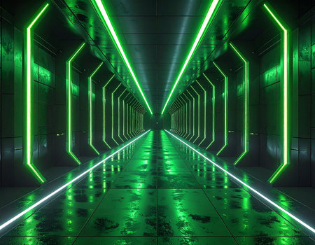 Step into a high-speed digital reality through this endless corridor of glowing green neon. The reflective, wet floor mirrors the vibrant laser lights, creating an immersive and futuristic journey into the heart of technology and the unknown.の素材
