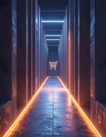 A glowing neon shopping cart hovers at the end of a dark, futuristic corridor, symbolizing the path to the future of digital retail and e-commerce. The orange and blue lights create a high-tech, cyberpunk atmosphere, representing innovation, virtual marketplaces, and the journey of the modern consumer.の素材
