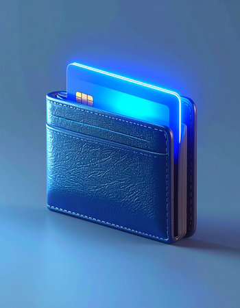 A sleek leather wallet holds a glowing digital credit card, symbolizing the future of finance and secure, instantaneous transactions. The cool blue neon light represents the cutting-edge technology of fintech, cryptocurrency, and digital banking.の素材