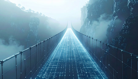 A luminous bridge of digital data cuts through a dense, foggy wilderness, creating a pathway to the future. This image symbolizes the journey of technological innovation, connecting the natural world with the digital frontier and representing progress, connection, and the path forward through complex challenges.の素材