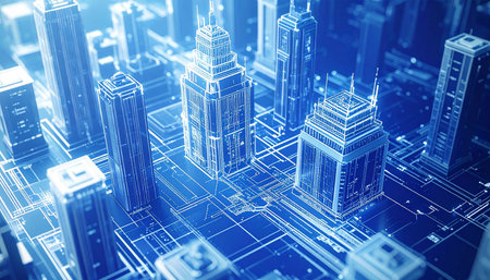 A glowing blue digital wireframe of a metropolis rises from a grid, symbolizing the architecture of the future. This smart city represents the intersection of data, technology, and urban planning in a connected, virtual world.の素材