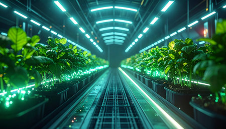 In a state-of-the-art vertical farm, rows of vibrant green crops flourish under the glow of advanced LED lighting. This automated hydroponic system represents the future of sustainable agriculture, ensuring food security through innovative technology.の素材