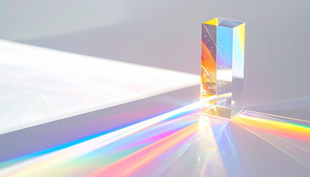 A beam of pure white light enters a crystal glass prism and emerges as a vibrant spectrum of rainbow colors, casting long, beautiful rays across a minimalist surface. This image captures a classic physics phenomenon, symbolizing science, discovery, clarity, and the beauty of diversity.の素材