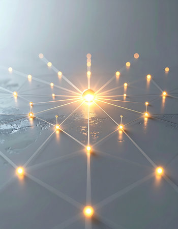 A central glowing node acts as the core of a complex digital network, distributing energy and information through interconnected pathways. This visual represents the power of centralized data, communication systems, and the flow of innovation in a futuristic technological landscape.の素材
