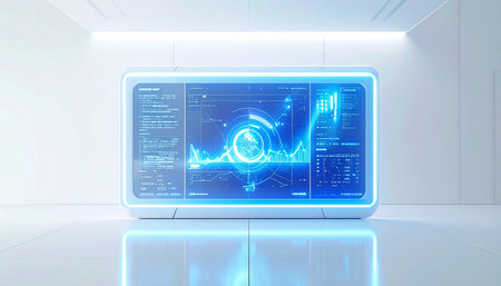 In a sterile, minimalist laboratory of the future, a glowing holographic display processes complex data streams. The vibrant blue charts and graphs represent a breakthrough in analytics, visualizing critical information for scientific research or financial trading.の素材
