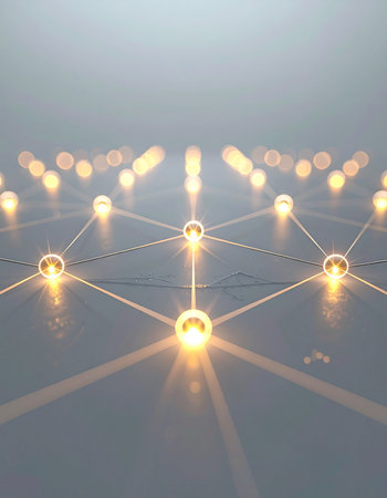A luminous network of interconnected nodes glows with energy, symbolizing the seamless flow of data and communication in a futuristic digital landscape. This abstract grid represents concepts of innovation, global connectivity, and the power of technology.の素材