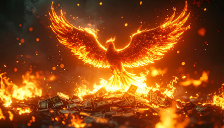 From the smoldering embers of destruction, a majestic phoenix is reborn. With wings of pure flame, it rises as a powerful symbol of renewal, resilience, and the triumphant start of a new cycle. A visual metaphor for overcoming adversity and emerging stronger.の素材