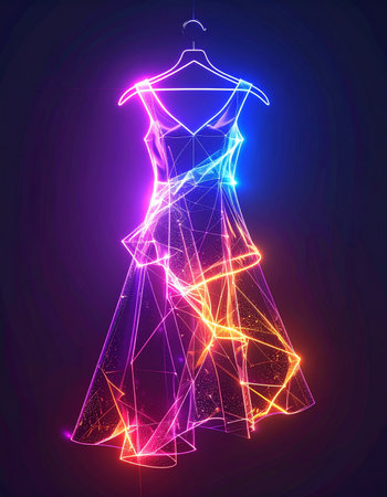 A dress of pure energy and light hangs in the digital ether, a vision of futuristic fashion. This glowing, polygonal garment represents the next wave of style, where clothing is coded, not sewn, perfect for concepts of the metaverse, virtual reality, and technological innovation in retail.の素材