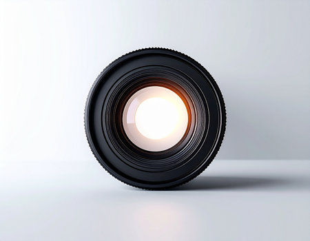 A professional camera lens stands against a clean, minimalist background. A warm, luminous flare glows from its center, symbolizing the spark of a creative idea, the capture of a perfect moment, or the clarity of a focused vision.の素材