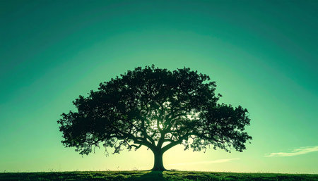 A single, majestic tree stands as a powerful silhouette against a serene teal sky. Its sprawling branches represent strength, growth, and the enduring beauty of nature, offering a sense of peace, hope, and deep-rooted stability in a quiet world.の素材