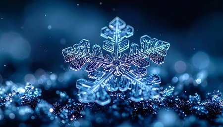 A single, perfect snowflake captured in stunning macro detail, its intricate crystalline structure glowing against a deep blue, sparkling background. This image evokes a sense of wonder, uniqueness, and the delicate, fleeting beauty of winters artistry.の素材