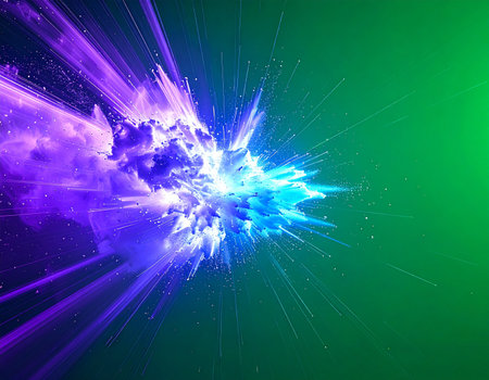 A brilliant explosion of purple and blue light erupts from a central point, sending shards of energy across a deep green void. This dynamic visual represents a moment of creation, a technological breakthrough, or the raw power of a cosmic event, perfect for concepts of innovation and science.の素材