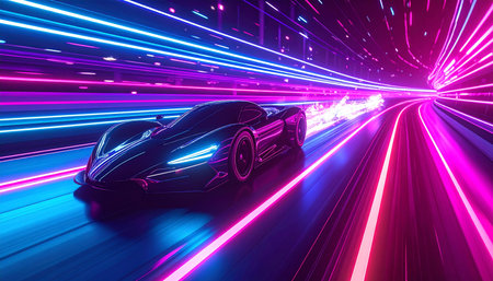 A futuristic hypercar blazes through a tunnel of pure light and energy, its engine roaring against the vibrant neon glow. This is a vision of future speed, where technology and velocity merge into a dazzling display of power and progress on a digital highway.の素材