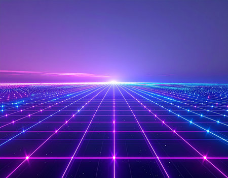 A luminous neon grid stretches into infinity, meeting a glowing horizon where the digital and physical worlds blur. This vibrant landscape represents the endless possibilities of the metaverse, a journey into the future of technology, data, and virtual reality.の素材